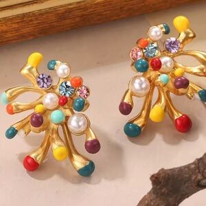 Anthropologie Gold Cluster Earrings with Multicolor Enamel and Pearls